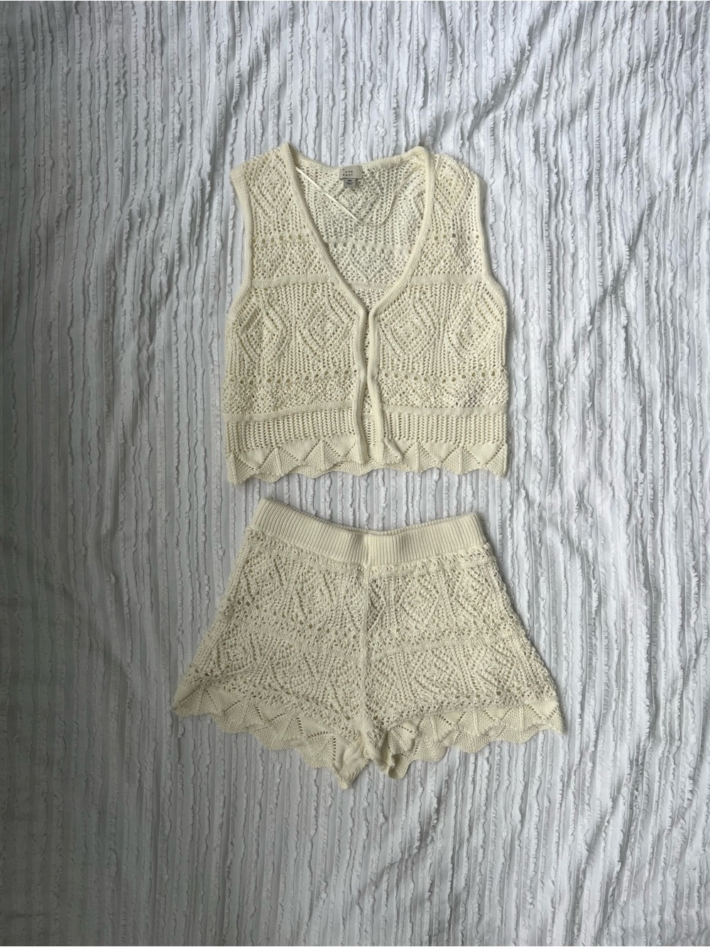 a new day Cream Crochet Knit Tank & Shorts Set